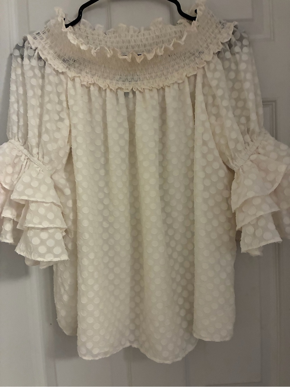 Cece Off-Shoulder Cream Swiss Dot Ruffle Sleeve Top
